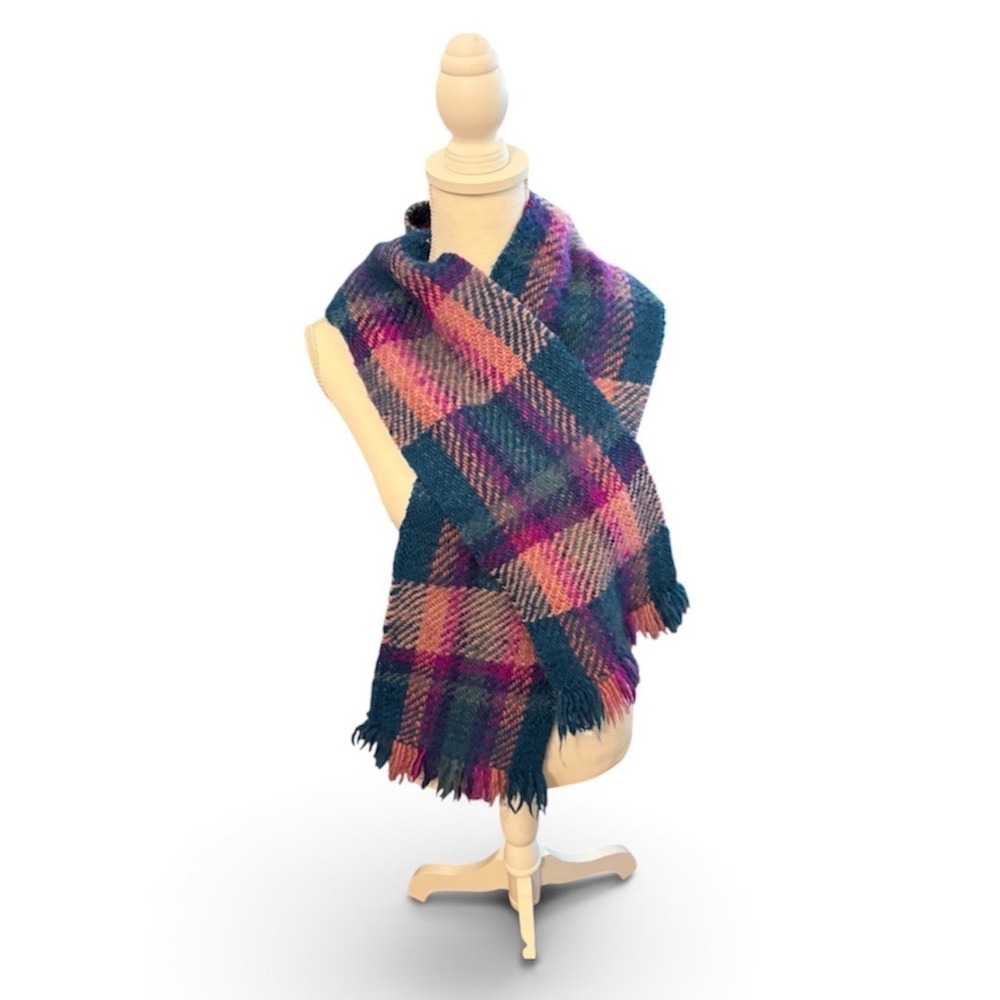 Manos Del Uruguay Handspun Virgin Wool Plaid Scarf Teal Pink Purple Fringe